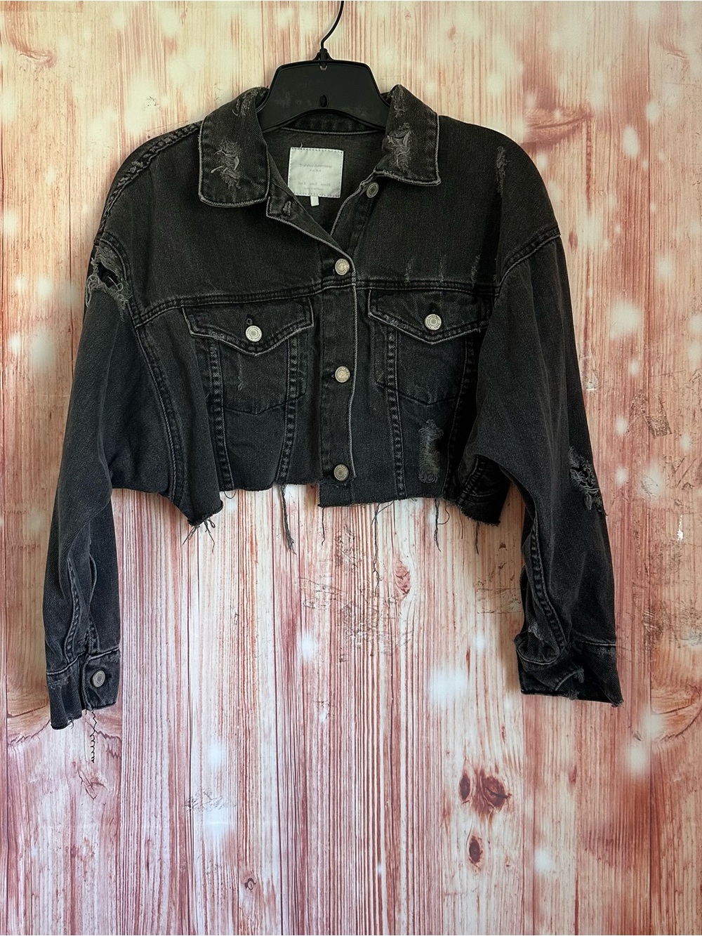 Zara Trafaluc Black Distressed Frayed Hem Cropped Denim Jacket Size S